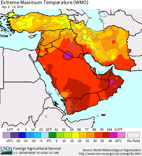 Middle East and Turkey Maximum Daily Temperature (WMO) Thematic Map For 4/8/2019 - 4/14/2019
