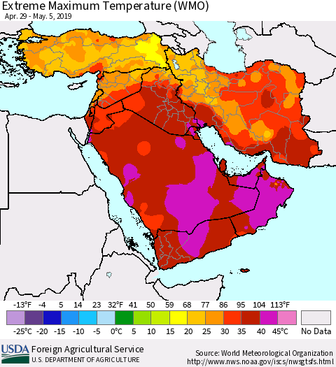 Middle East and Turkey Maximum Daily Temperature (WMO) Thematic Map For 4/29/2019 - 5/5/2019