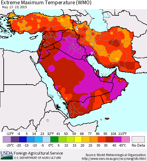 Middle East and Turkey Maximum Daily Temperature (WMO) Thematic Map For 5/13/2019 - 5/19/2019