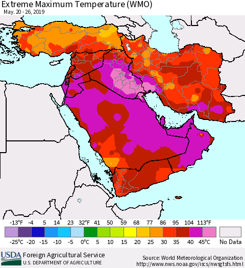 Middle East and Turkey Maximum Daily Temperature (WMO) Thematic Map For 5/20/2019 - 5/26/2019
