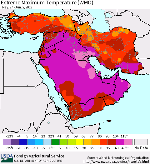 Middle East and Turkey Maximum Daily Temperature (WMO) Thematic Map For 5/27/2019 - 6/2/2019