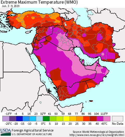 Middle East and Turkey Maximum Daily Temperature (WMO) Thematic Map For 6/3/2019 - 6/9/2019