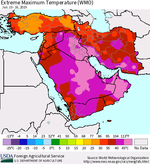 Middle East and Turkey Maximum Daily Temperature (WMO) Thematic Map For 6/10/2019 - 6/16/2019