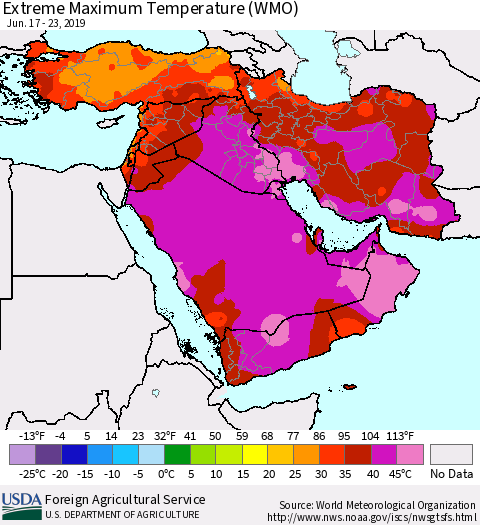 Middle East and Turkey Maximum Daily Temperature (WMO) Thematic Map For 6/17/2019 - 6/23/2019