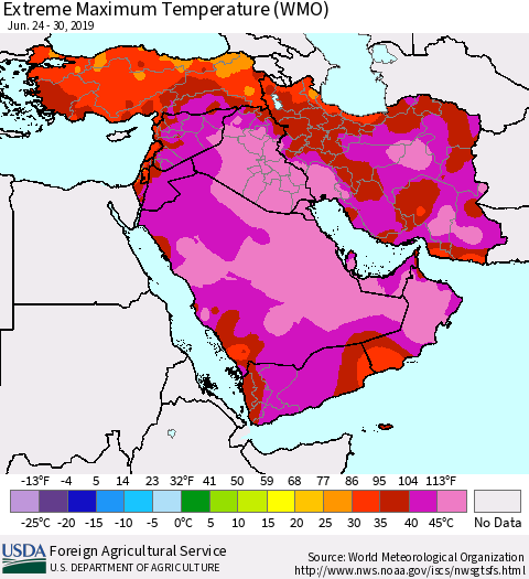 Middle East and Turkey Maximum Daily Temperature (WMO) Thematic Map For 6/24/2019 - 6/30/2019
