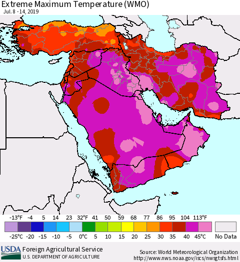 Middle East and Turkey Maximum Daily Temperature (WMO) Thematic Map For 7/8/2019 - 7/14/2019