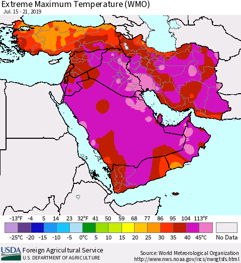 Middle East and Turkey Maximum Daily Temperature (WMO) Thematic Map For 7/15/2019 - 7/21/2019