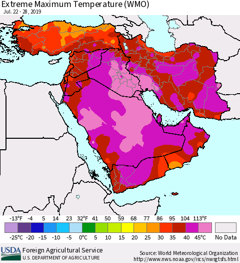 Middle East and Turkey Maximum Daily Temperature (WMO) Thematic Map For 7/22/2019 - 7/28/2019