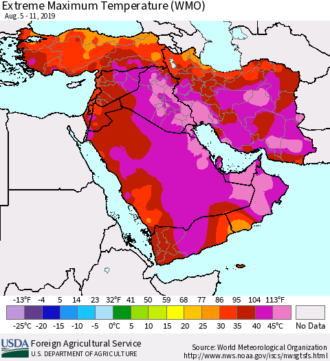 Middle East and Turkey Maximum Daily Temperature (WMO) Thematic Map For 8/5/2019 - 8/11/2019