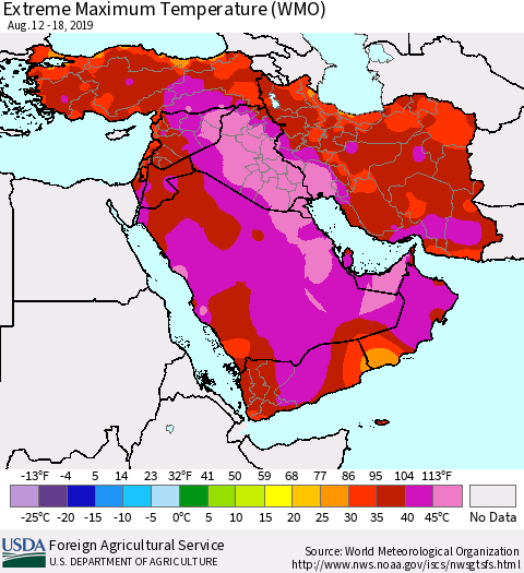 Middle East and Turkey Maximum Daily Temperature (WMO) Thematic Map For 8/12/2019 - 8/18/2019