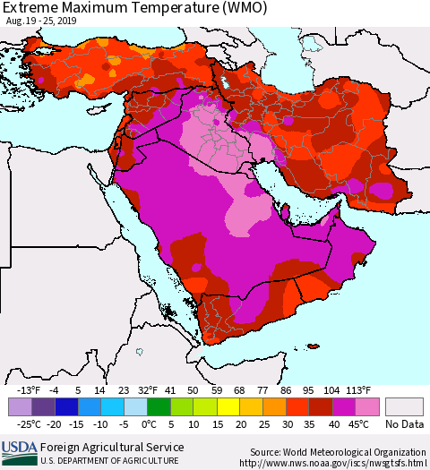 Middle East and Turkey Maximum Daily Temperature (WMO) Thematic Map For 8/19/2019 - 8/25/2019