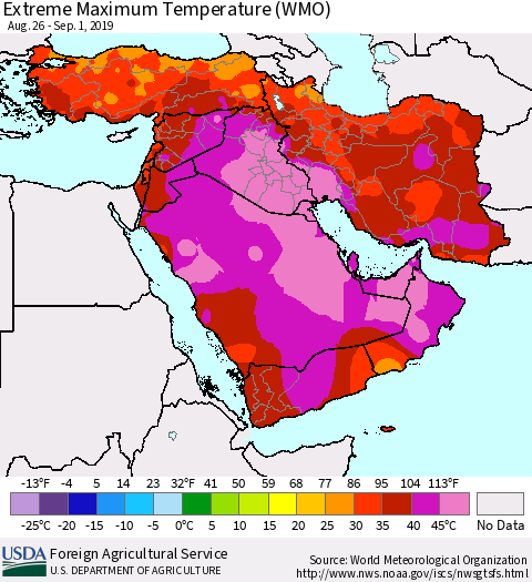 Middle East and Turkey Maximum Daily Temperature (WMO) Thematic Map For 8/26/2019 - 9/1/2019