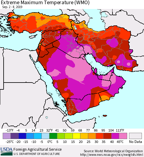 Middle East and Turkey Maximum Daily Temperature (WMO) Thematic Map For 9/2/2019 - 9/8/2019