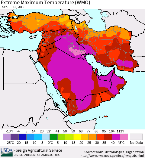 Middle East and Turkey Maximum Daily Temperature (WMO) Thematic Map For 9/9/2019 - 9/15/2019