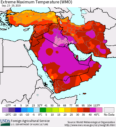 Middle East and Turkey Maximum Daily Temperature (WMO) Thematic Map For 9/23/2019 - 9/29/2019
