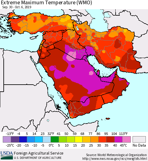 Middle East and Turkey Maximum Daily Temperature (WMO) Thematic Map For 9/30/2019 - 10/6/2019