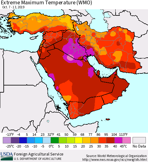 Middle East and Turkey Maximum Daily Temperature (WMO) Thematic Map For 10/7/2019 - 10/13/2019