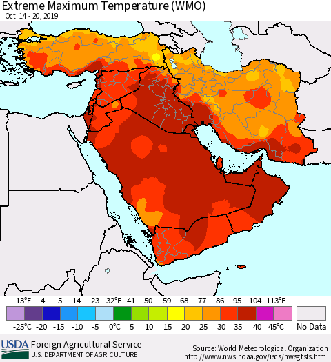 Middle East and Turkey Maximum Daily Temperature (WMO) Thematic Map For 10/14/2019 - 10/20/2019