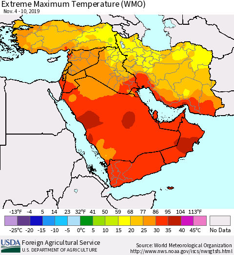 Middle East and Turkey Maximum Daily Temperature (WMO) Thematic Map For 11/4/2019 - 11/10/2019