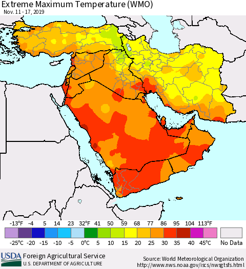 Middle East and Turkey Maximum Daily Temperature (WMO) Thematic Map For 11/11/2019 - 11/17/2019
