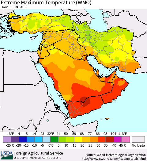 Middle East and Turkey Maximum Daily Temperature (WMO) Thematic Map For 11/18/2019 - 11/24/2019