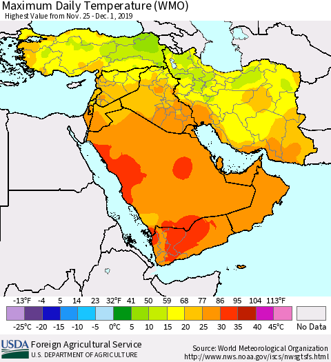 Middle East and Turkey Maximum Daily Temperature (WMO) Thematic Map For 11/25/2019 - 12/1/2019