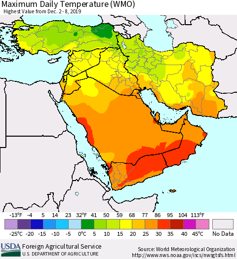 Middle East and Turkey Maximum Daily Temperature (WMO) Thematic Map For 12/2/2019 - 12/8/2019