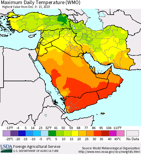 Middle East and Turkey Maximum Daily Temperature (WMO) Thematic Map For 12/9/2019 - 12/15/2019