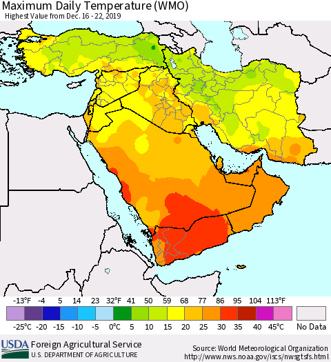 Middle East and Turkey Maximum Daily Temperature (WMO) Thematic Map For 12/16/2019 - 12/22/2019