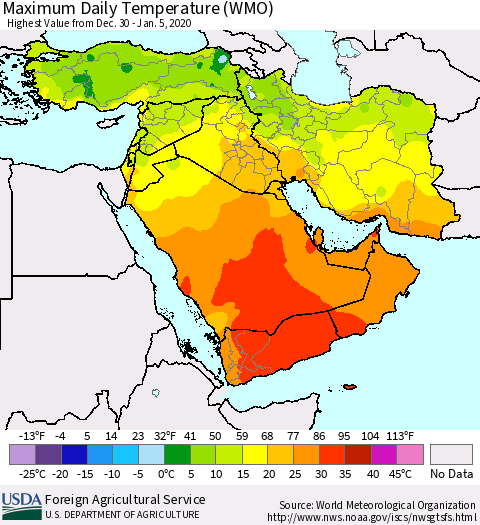 Middle East and Turkey Maximum Daily Temperature (WMO) Thematic Map For 12/30/2019 - 1/5/2020