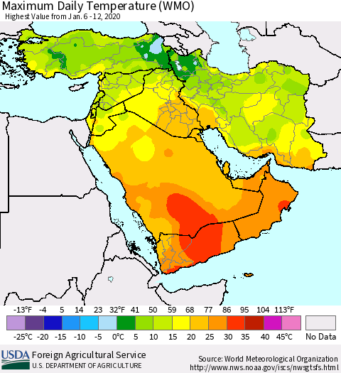 Middle East and Turkey Maximum Daily Temperature (WMO) Thematic Map For 1/6/2020 - 1/12/2020