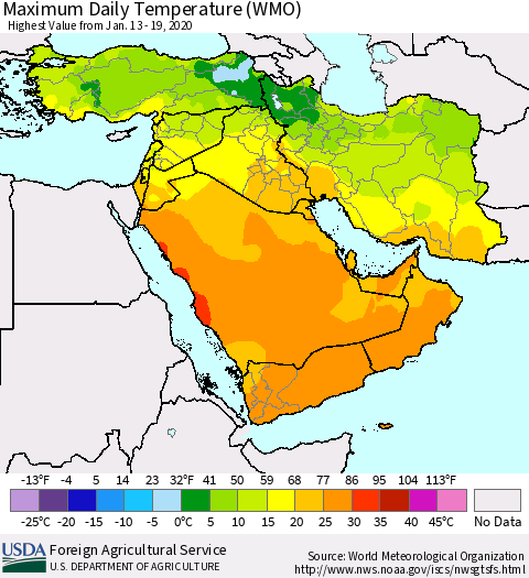 Middle East and Turkey Maximum Daily Temperature (WMO) Thematic Map For 1/13/2020 - 1/19/2020