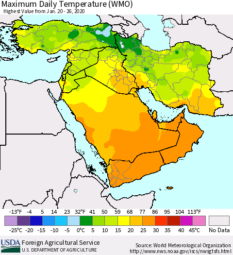 Middle East and Turkey Maximum Daily Temperature (WMO) Thematic Map For 1/20/2020 - 1/26/2020