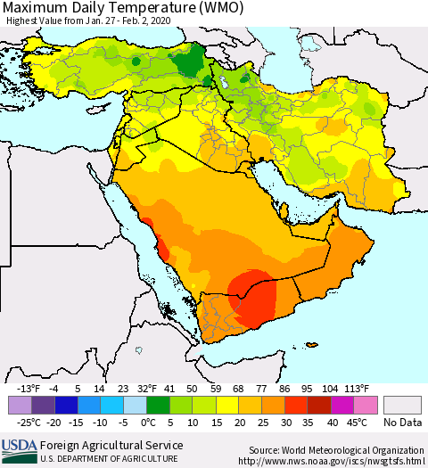 Middle East and Turkey Maximum Daily Temperature (WMO) Thematic Map For 1/27/2020 - 2/2/2020