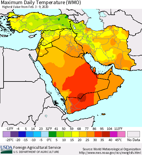 Middle East and Turkey Maximum Daily Temperature (WMO) Thematic Map For 2/3/2020 - 2/9/2020
