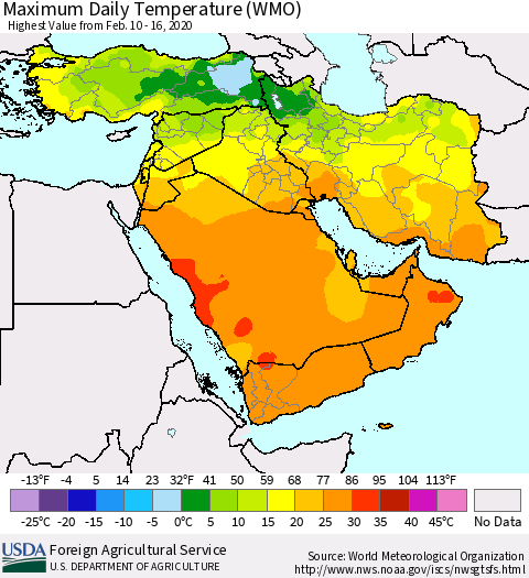 Middle East and Turkey Maximum Daily Temperature (WMO) Thematic Map For 2/10/2020 - 2/16/2020