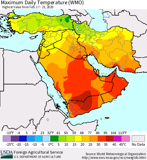 Middle East and Turkey Maximum Daily Temperature (WMO) Thematic Map For 2/17/2020 - 2/23/2020