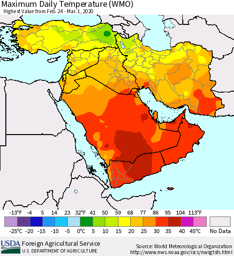 Middle East and Turkey Maximum Daily Temperature (WMO) Thematic Map For 2/24/2020 - 3/1/2020