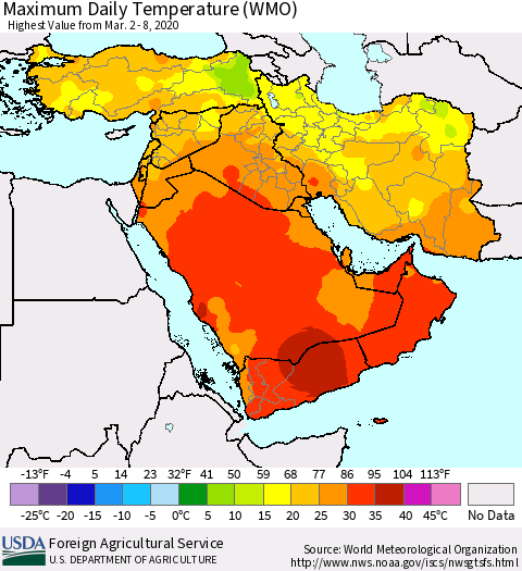 Middle East and Turkey Maximum Daily Temperature (WMO) Thematic Map For 3/2/2020 - 3/8/2020