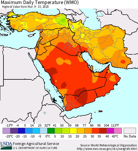 Middle East and Turkey Maximum Daily Temperature (WMO) Thematic Map For 3/9/2020 - 3/15/2020