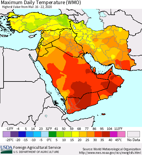 Middle East and Turkey Maximum Daily Temperature (WMO) Thematic Map For 3/16/2020 - 3/22/2020