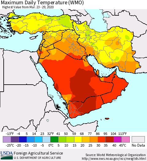 Middle East and Turkey Maximum Daily Temperature (WMO) Thematic Map For 3/23/2020 - 3/29/2020