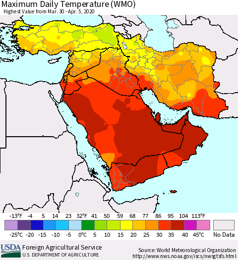 Middle East and Turkey Maximum Daily Temperature (WMO) Thematic Map For 3/30/2020 - 4/5/2020