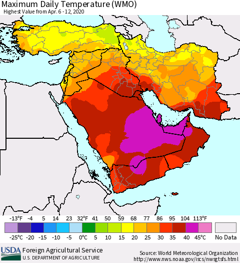 Middle East and Turkey Maximum Daily Temperature (WMO) Thematic Map For 4/6/2020 - 4/12/2020