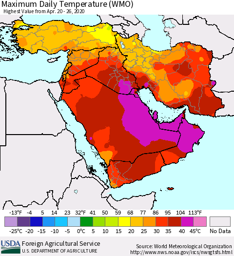 Middle East and Turkey Maximum Daily Temperature (WMO) Thematic Map For 4/20/2020 - 4/26/2020