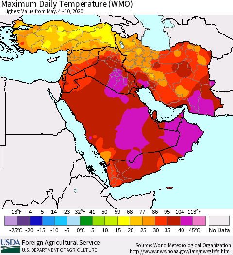Middle East and Turkey Maximum Daily Temperature (WMO) Thematic Map For 5/4/2020 - 5/10/2020