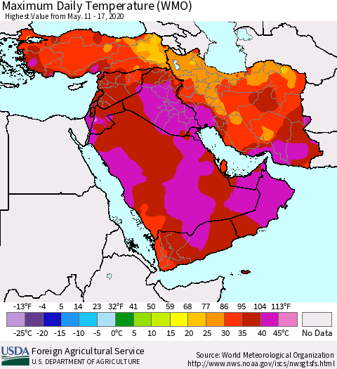 Middle East and Turkey Maximum Daily Temperature (WMO) Thematic Map For 5/11/2020 - 5/17/2020