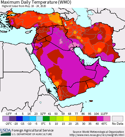 Middle East and Turkey Maximum Daily Temperature (WMO) Thematic Map For 5/18/2020 - 5/24/2020