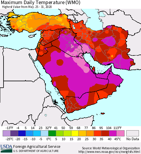 Middle East and Turkey Maximum Daily Temperature (WMO) Thematic Map For 5/25/2020 - 5/31/2020