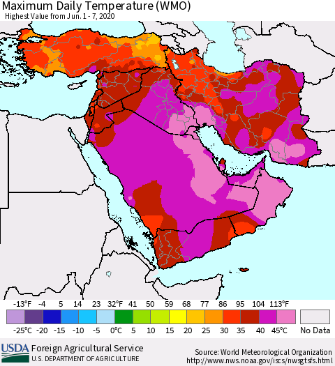 Middle East and Turkey Maximum Daily Temperature (WMO) Thematic Map For 6/1/2020 - 6/7/2020